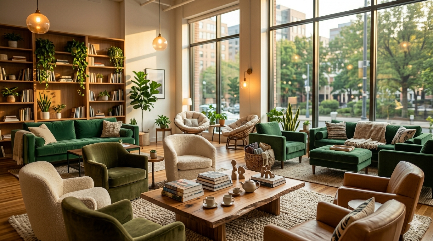 Calm, warmly lit room with comfortable seating